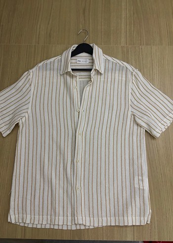 Bej Çizgili Keten Kısa Kollu Erkek Gömlek - Görsel 3