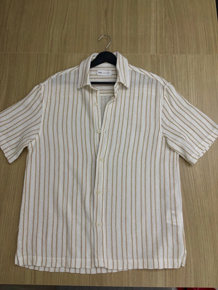 Bej Çizgili Keten Kısa Kollu Erkek Gömlek - Görsel 3