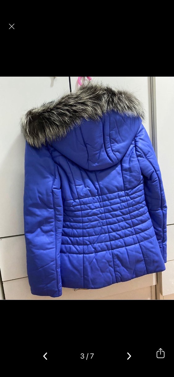 Kürk Detaylı Mavi Kadın Kışlık Mont - Görsel 3