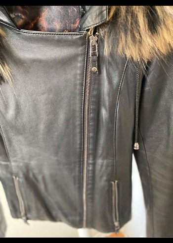 Kürk Detaylı Kahverengi Deri Biker Ceket - Görsel 2