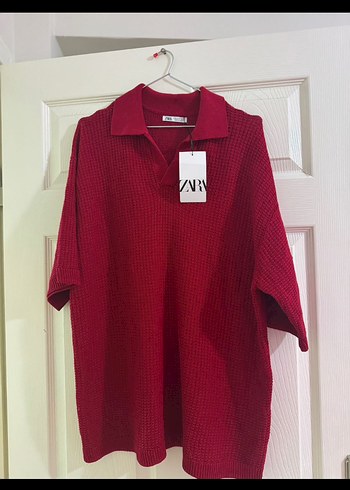 Kırmızı V Yakalı Triko Kadın Sweatshirt - Görsel 2