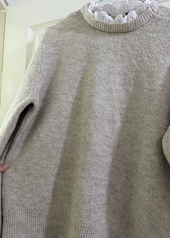 Bej Kadın Triko Kazak, Yuvarlak Yaka, Rahat Kesim - Görsel 3