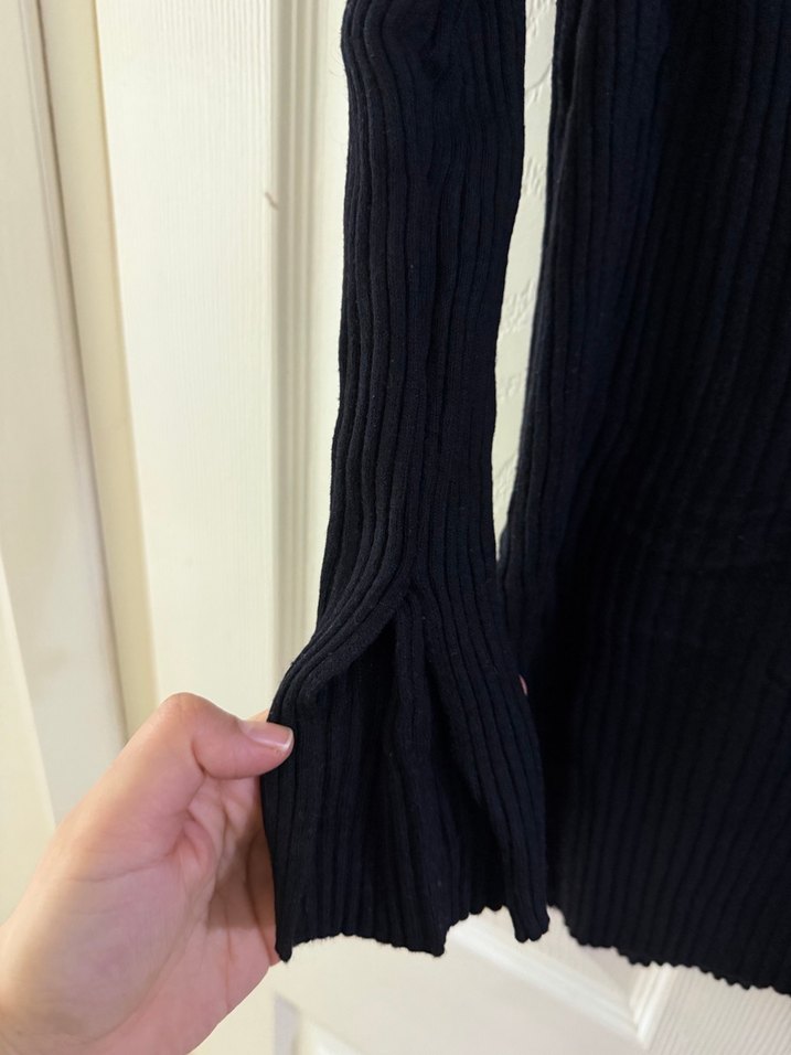 Kadın Siyah V Yaka Triko Midi Kazak - Görsel 3