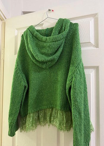 Kapüşonlu Yeşil Triko Kadın Kazak - Görsel 5