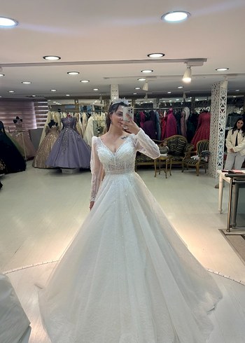 V Yaka Uzun A Kesim Gelinlik - Görsel 4