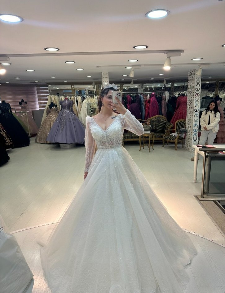 V Yaka Uzun A Kesim Gelinlik - Görsel 4