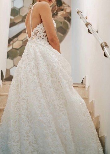 Dantel İşlemeli V Yaka Bohem Gelinlik - Görsel 12