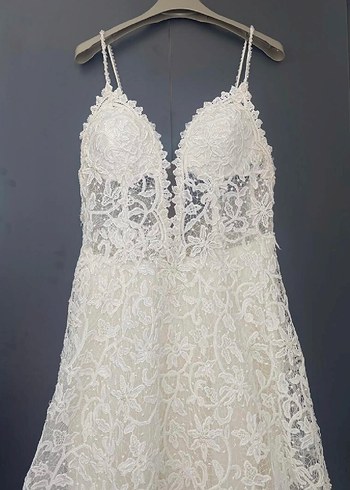 Dantel İşlemeli V Yaka Bohem Gelinlik - Görsel 8