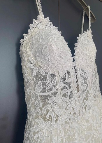 Dantel İşlemeli V Yaka Bohem Gelinlik - Görsel 9