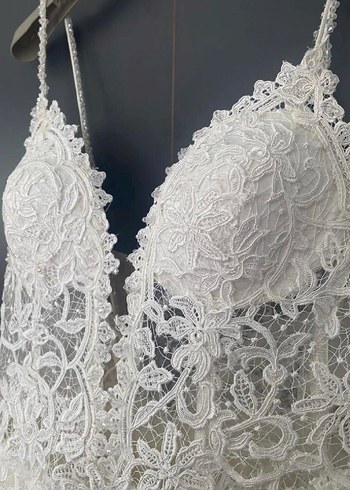 Dantel İşlemeli V Yaka Bohem Gelinlik - Görsel 5