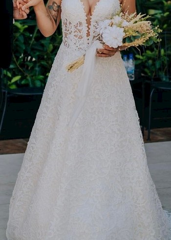 Dantel İşlemeli V Yaka Bohem Gelinlik - Görsel 2