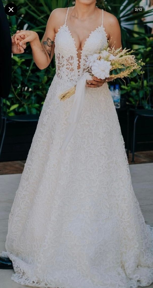 Dantel İşlemeli V Yaka Bohem Gelinlik - Görsel 2