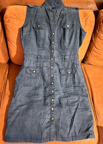 Çıtçıtlı Kolsuz lacivert keten Midi Elbise - Görsel 2