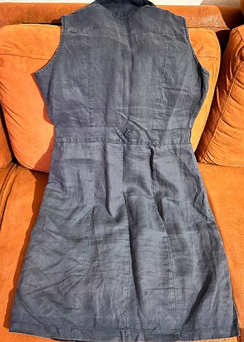 Çıtçıtlı Kolsuz lacivert keten Midi Elbise - Görsel 4