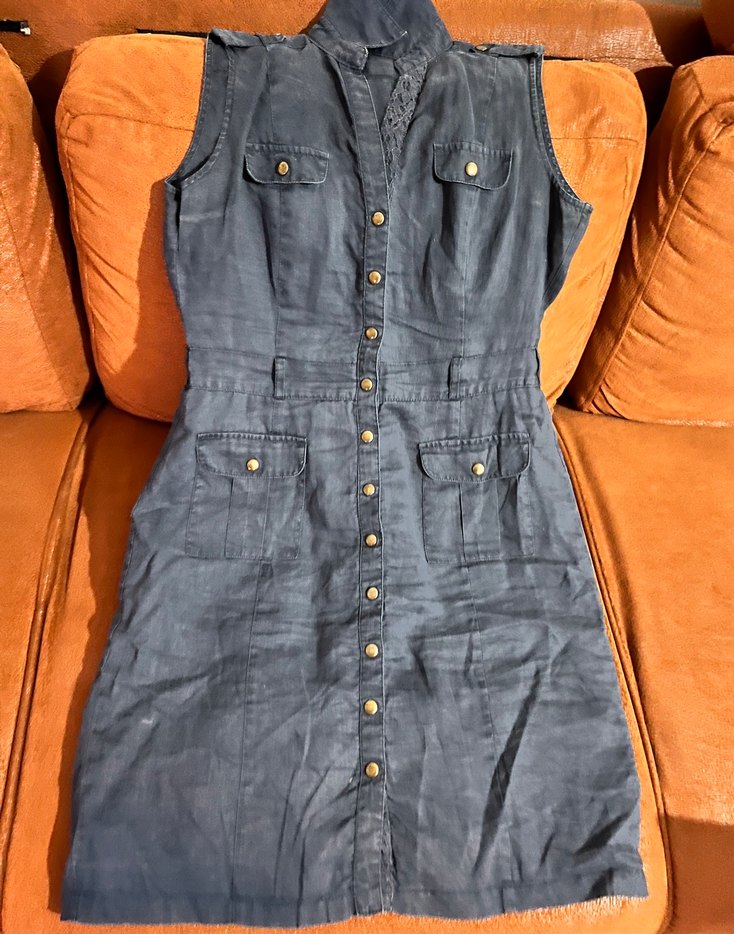 Çıtçıtlı Kolsuz lacivert keten Midi Elbise - Görsel 2