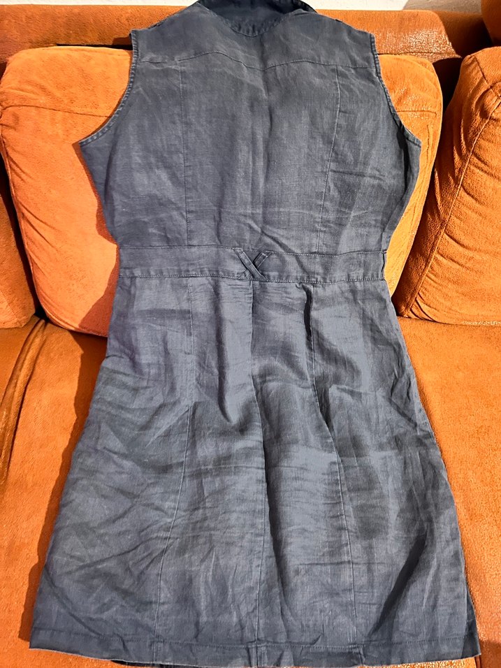 Çıtçıtlı Kolsuz lacivert keten Midi Elbise - Görsel 4