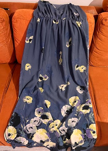 BERSHKA Mavi V Yakalı Uzun Bohem Elbise - Görsel 4