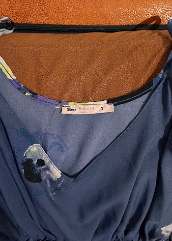 BERSHKA Mavi V Yakalı Uzun Bohem Elbise - Görsel 7