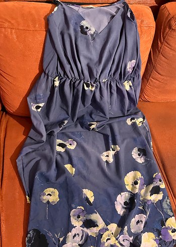 BERSHKA Mavi V Yakalı Uzun Bohem Elbise - Görsel 6