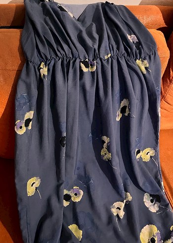 BERSHKA Mavi V Yakalı Uzun Bohem Elbise - Görsel 3