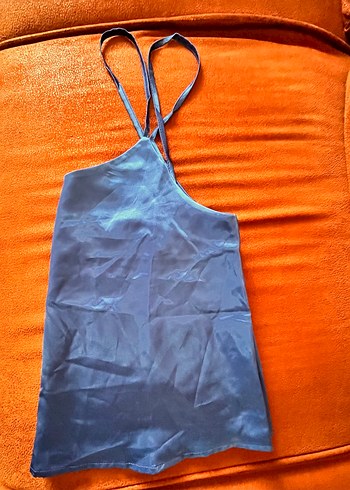 Mavi Halter Yaka Bağlamalı Midi Bluz - Görsel 4