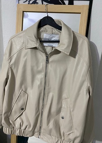 Bej Deri Kadın Ceket, Salaş Kesim, Midi Boy - Görsel 3