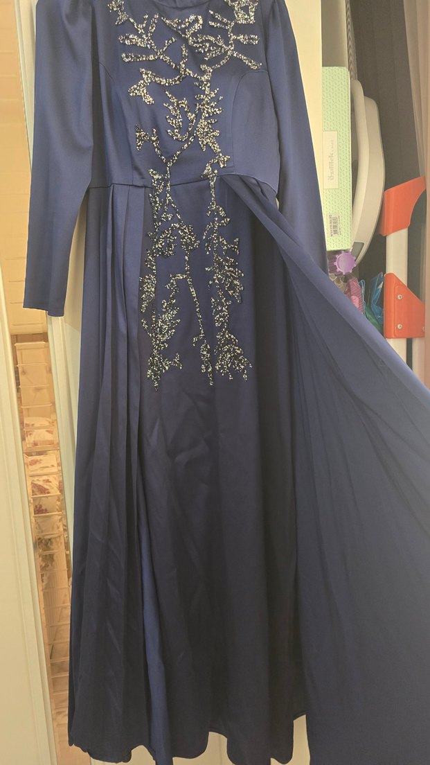 Nakışlı Lacivert Uzun Abiye Elbise - Görsel 4