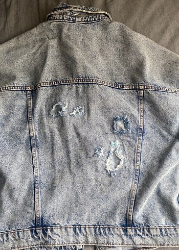 Gri Bağlama Desenli Bol Kesim Kadın Kot Ceket - Görsel 4