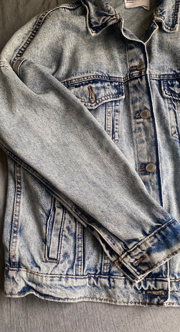 Gri Bağlama Desenli Bol Kesim Kadın Kot Ceket - Görsel 2