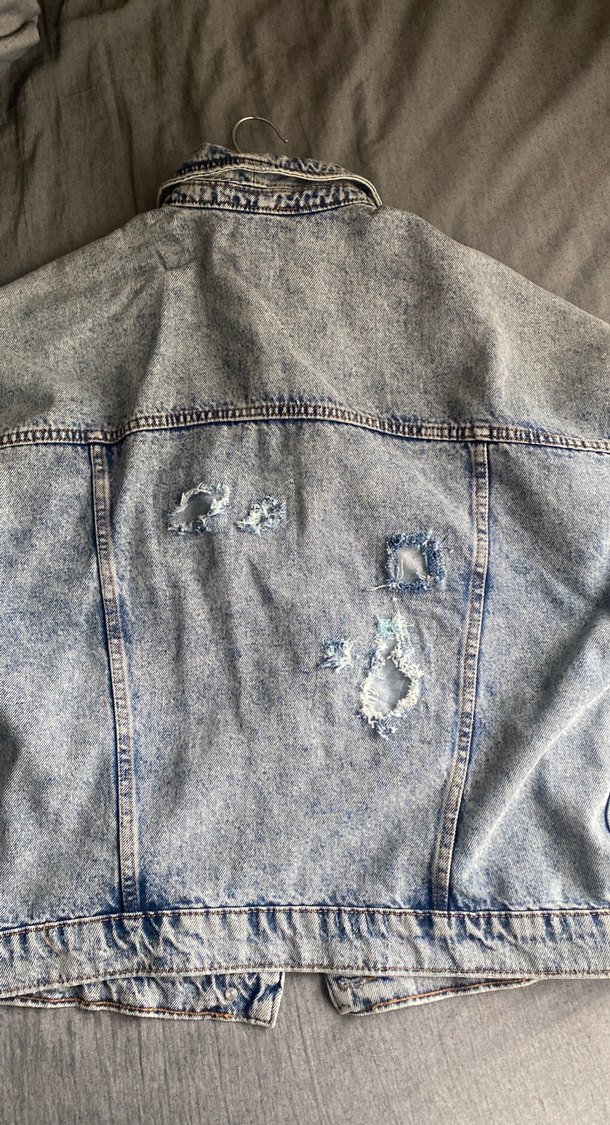 Gri Bağlama Desenli Bol Kesim Kadın Kot Ceket - Görsel 4