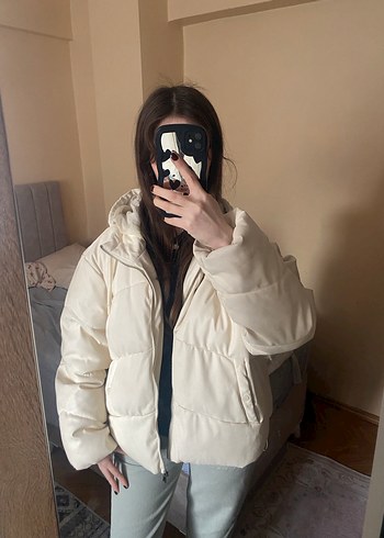 Kadın Beyaz  deri Kapüşonlu Şişme Mont - Görsel 2