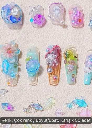 50 adet karanlıkta parlayan neon Deniz Temalı Tırnak charmları - Görsel 3