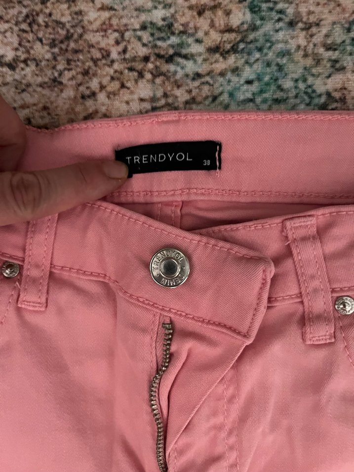 Pembe Bağcıklı Pamuklu Uzun Kadın Kot Pantolon - Görsel 2