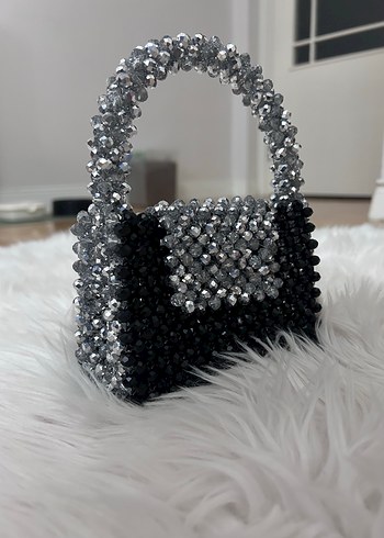 Boncuk İşlemeli Siyah Gri Kadın El Çantası - Görsel 3