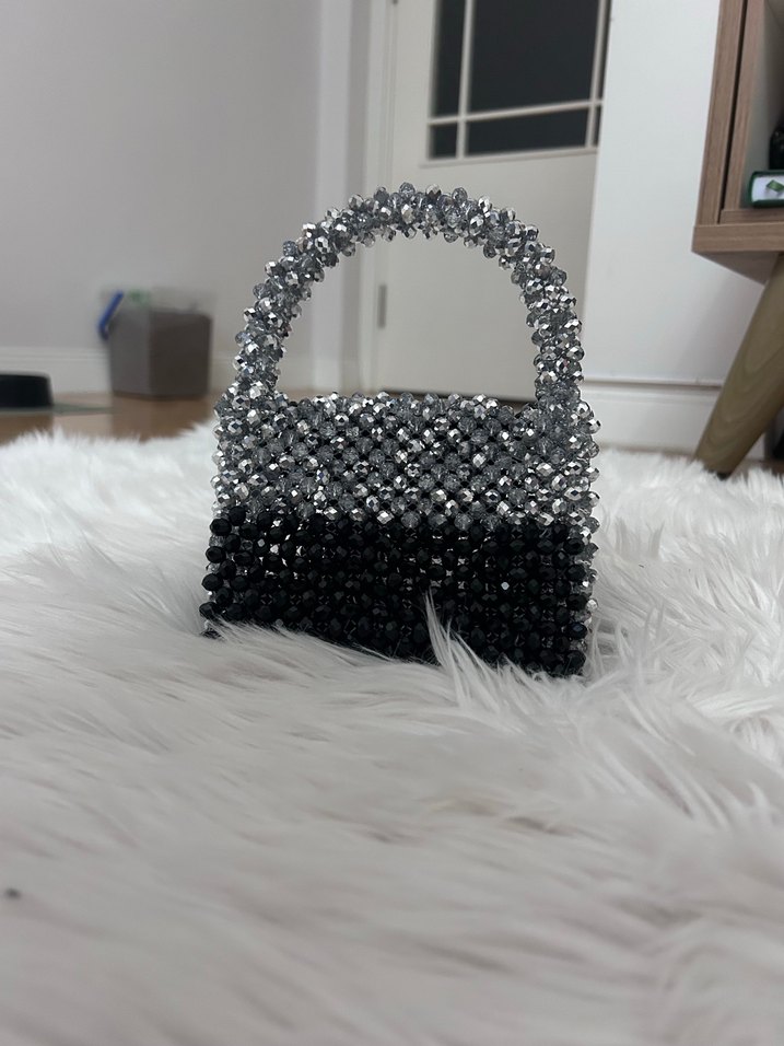 Boncuk İşlemeli Siyah Gri Kadın El Çantası - Görsel 4