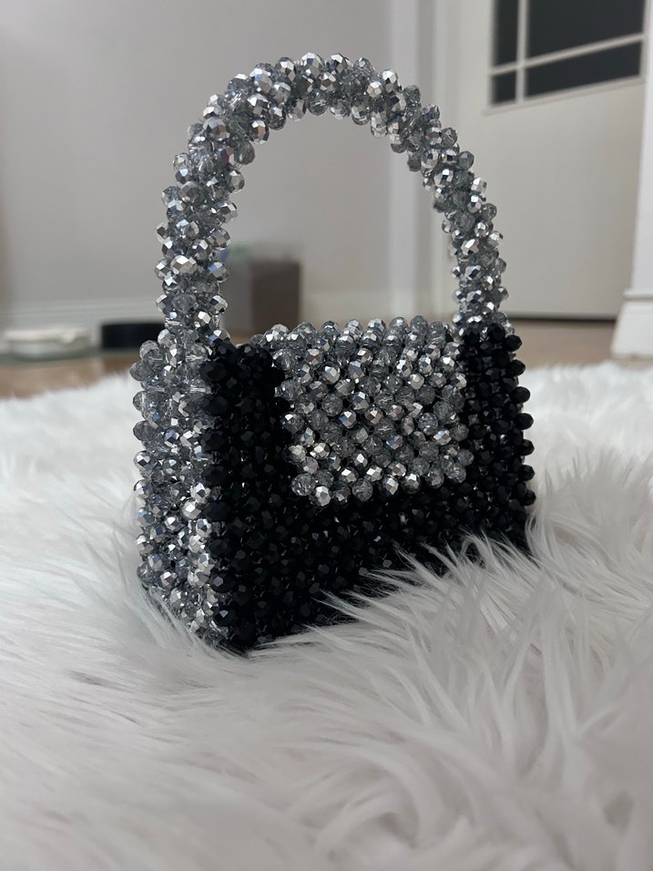 Boncuk İşlemeli Siyah Gri Kadın El Çantası - Görsel 3