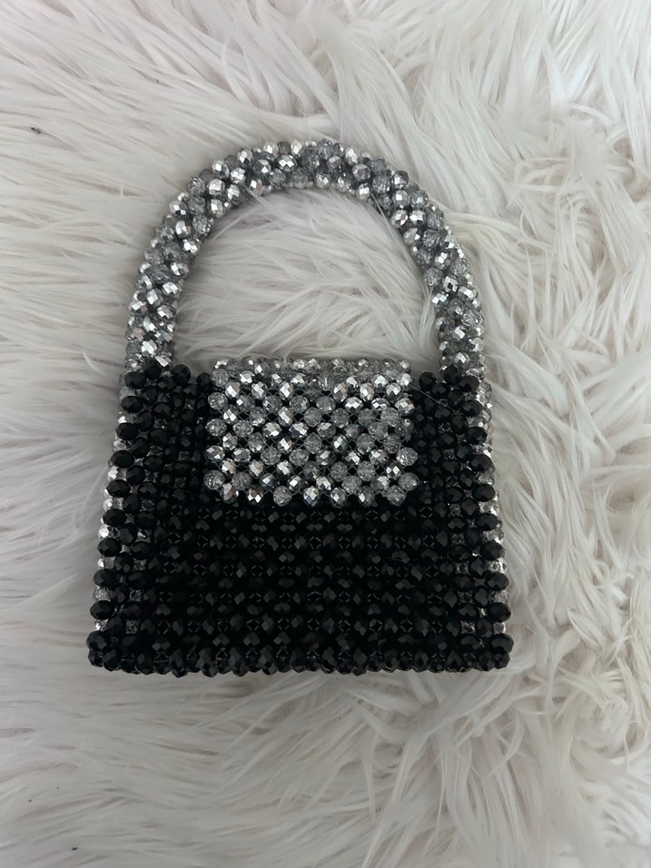 Boncuk İşlemeli Siyah Gri Kadın El Çantası - Görsel 2