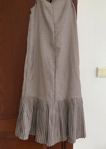 Drapeli Askılı Midi Kareli Elbise - Görsel 3