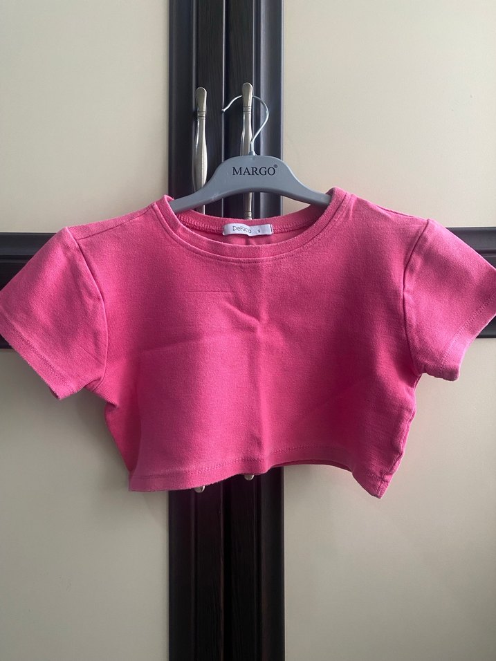 Pembe Mini Crop Tişört, Kısa Kollu, Baskılı - Görsel 2