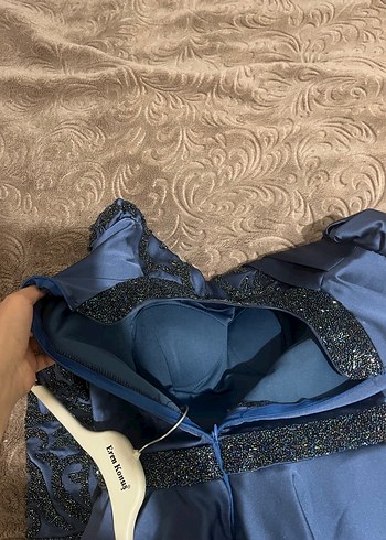 Uzun Kollu lacivert  İşlemeli Kadın Abiye Elbise - Görsel 6