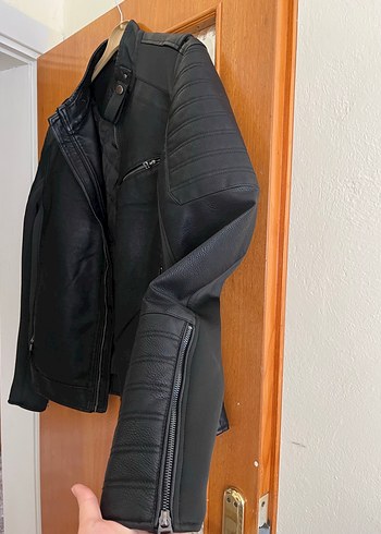 Siyah Deri Biker Mont, Fermuarlı, Normal Boy - Görsel 4