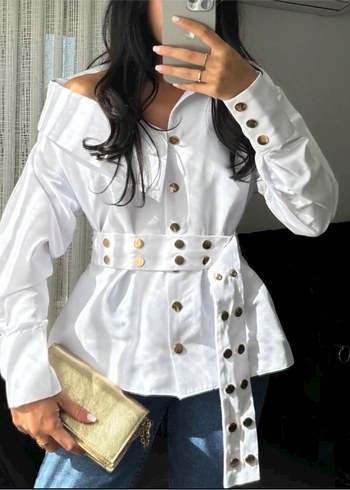 Düğmeli Beyaz Keten Kadın Gömlek - Görsel 2