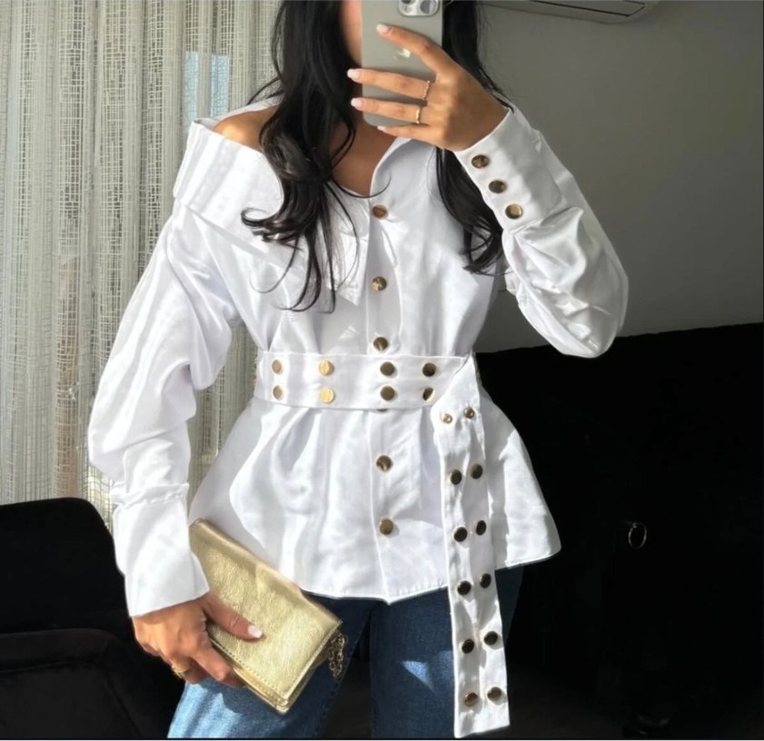 Düğmeli Beyaz Keten Kadın Gömlek - Görsel 2