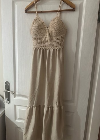 Bej Örgü Detaylı Uzun Bohem Alaçatı Elbise - Görsel 2