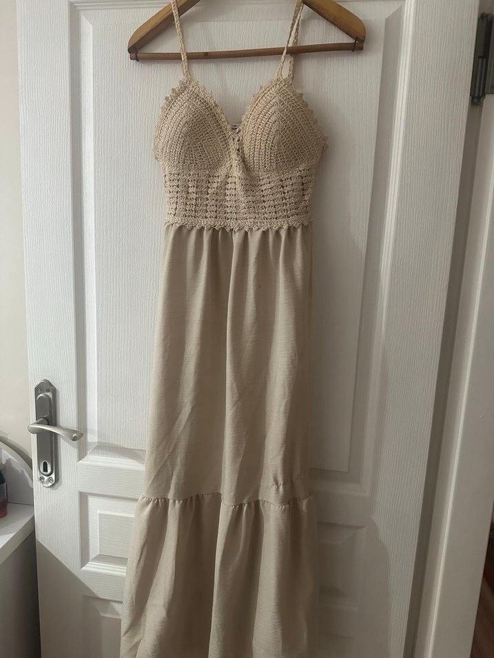 Bej Örgü Detaylı Uzun Bohem Alaçatı Elbise - Görsel 2