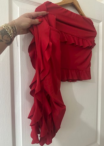 Kırmızı Fırfırlı Mini Kadın Bluz ve Etek takım - Görsel 2