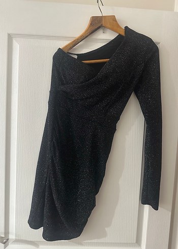 Siyah Drapeli Uzun Kollu V Yaka Kadın Elbise - Görsel 2