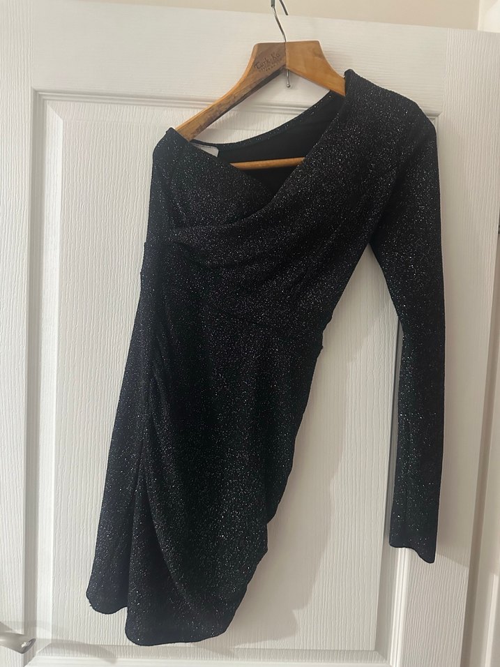 Siyah Drapeli Uzun Kollu V Yaka Kadın Elbise - Görsel 2