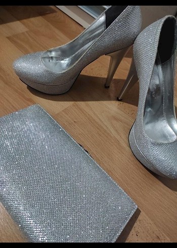 Gri Parıltılı Yüksek Topuklu Abiye Ayakkabı ve Abiye Çanta - Görsel 2