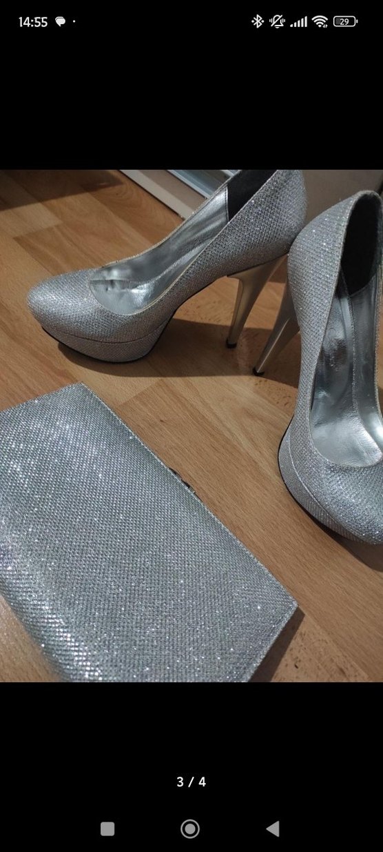 Gri Parıltılı Yüksek Topuklu Abiye Ayakkabı ve Abiye Çanta - Görsel 2